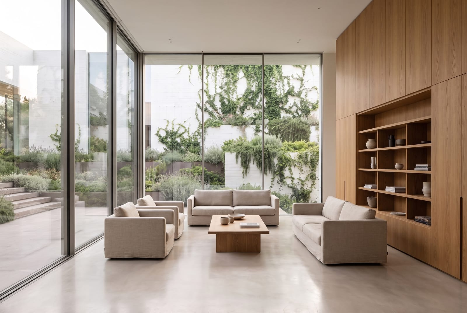 The double-height living space, opening to the terraces