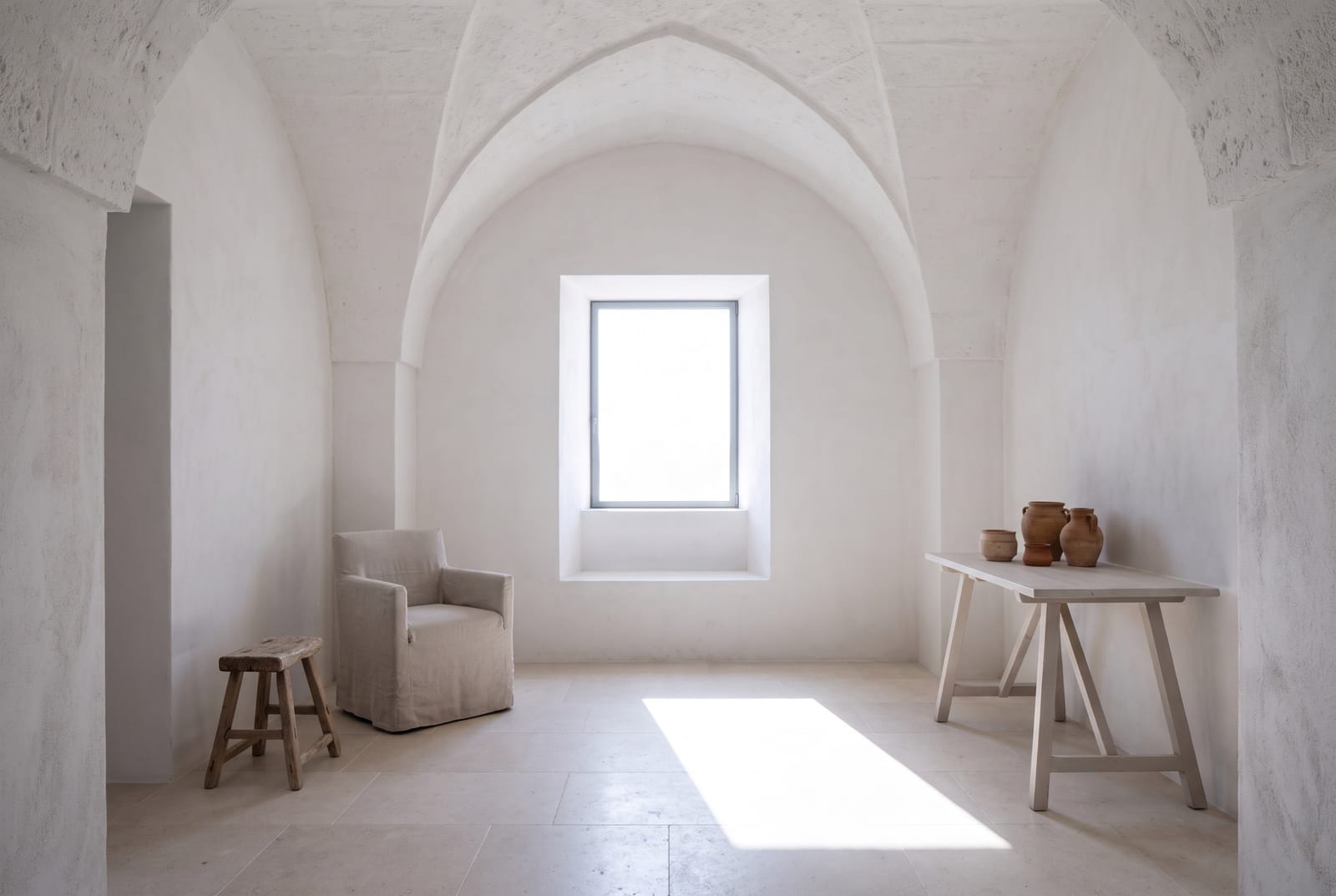 Interior, whitewashed and cool