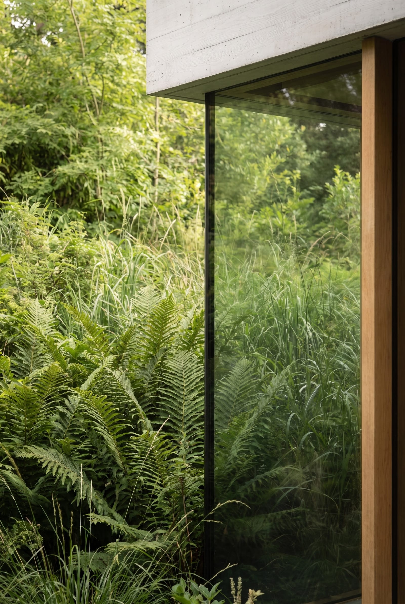 Ferns against the full-height glazing
