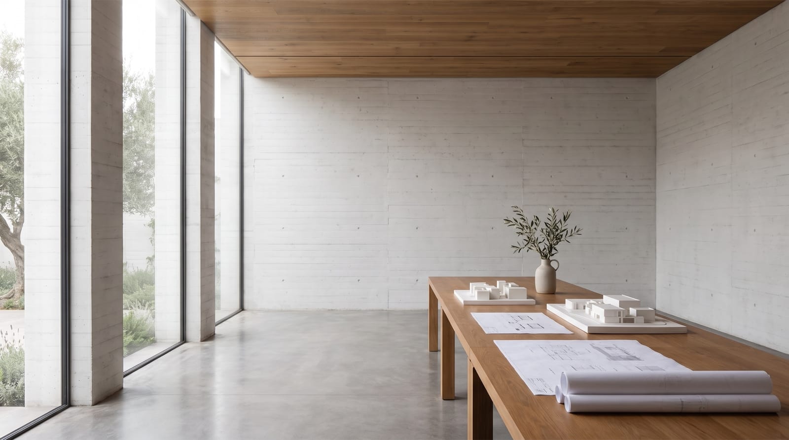 The ĀM Studio workspace: long table, models, north light